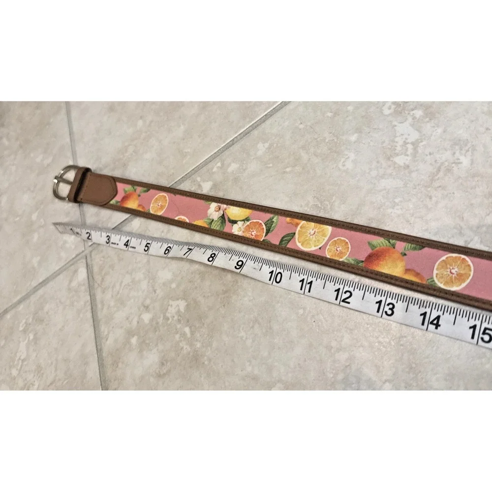 Talbots Pink Belt Orange Fruit Print Leather Trim Gold Tone Buckle Sz L Preppy